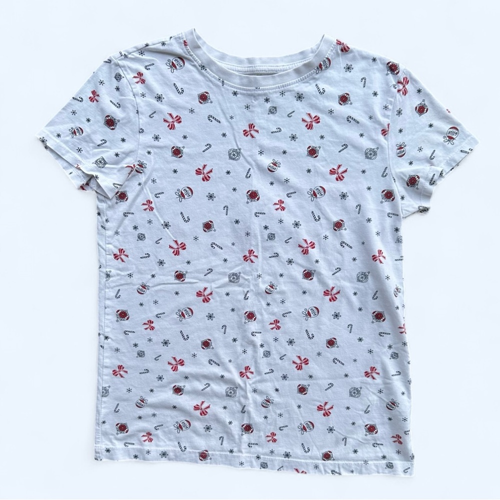 Primark Christmas Print Short Sleeve Tee in White Size XS Festive Holiday Winter